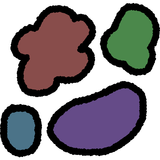 Multiple colorful blobs of various shapes that are vaguely flower and bean like.